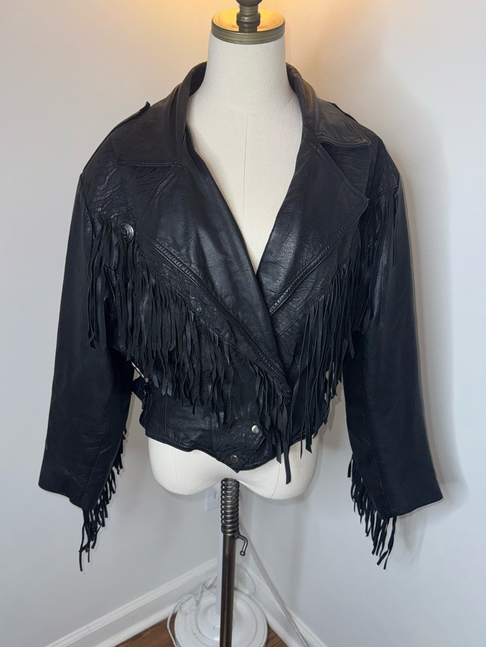 Bermans Women’s Large Vintage Black Leather Fringe Jacket Conchos